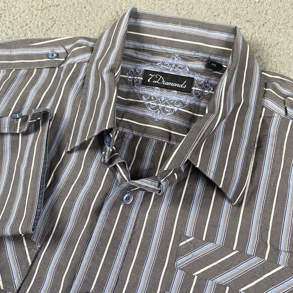 7 Diamond Button UP Shirt Men's XL Gray Blue Striped - Picture 1 of 9